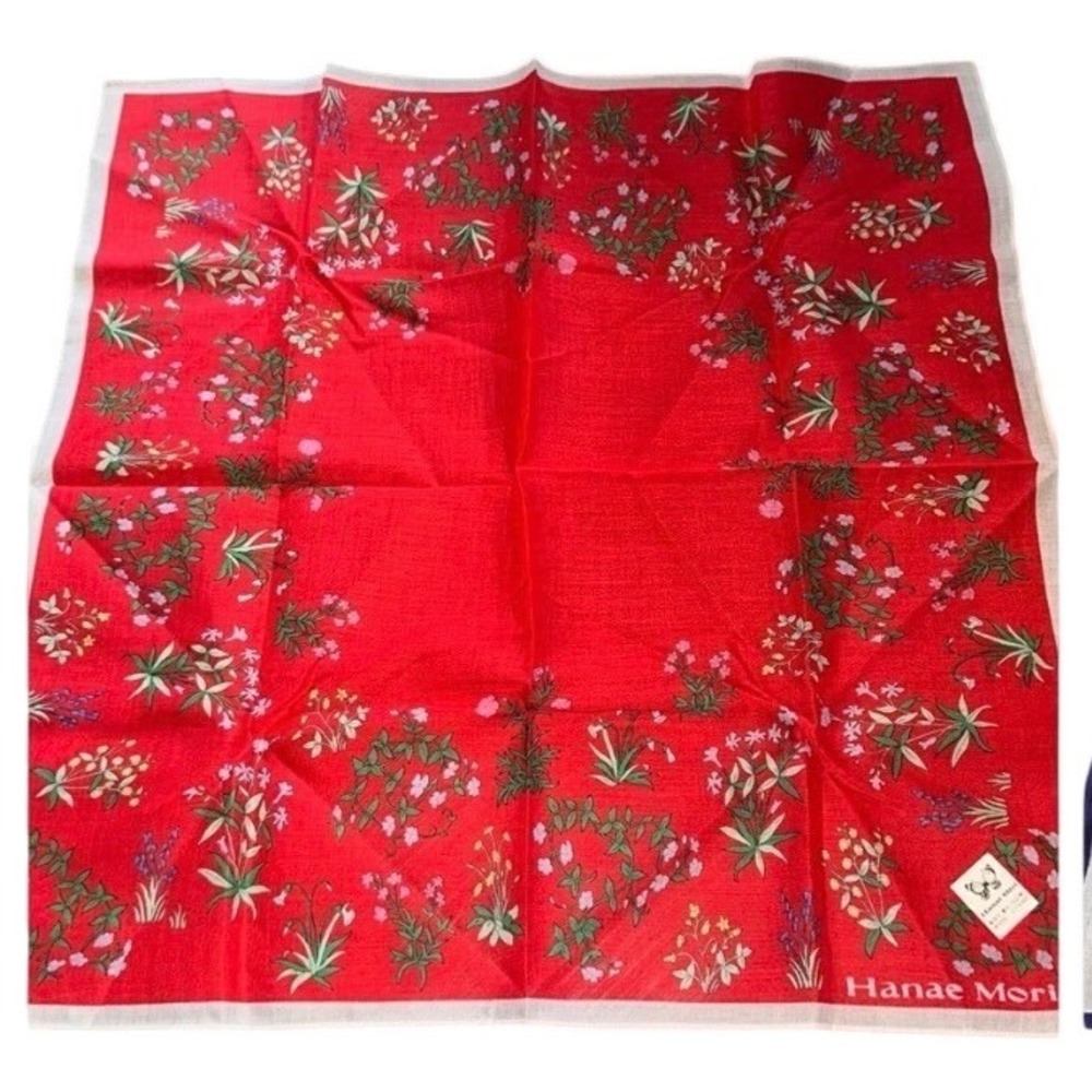 Hanae Mori Vintage Red Floral Cotton Square Scarf Handkerchief Butterfly Logo m